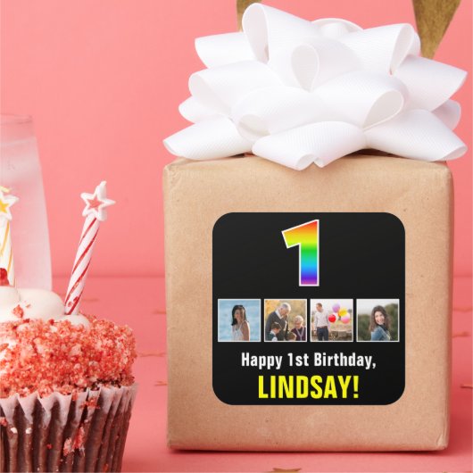 1e verjaardag: Regenboog "1"; Aangepaste foto's & Vierkante Sticker (Feest)