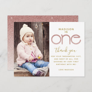 1e Verjaardag Roos Gouden Glitter Dank u kaart