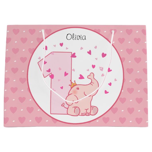 1e verjaardag roze prinses olifant party groot cadeauzakje (Voorkant)