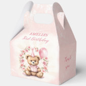 1e Verjaardag Roze Rozen Schattige Beer Grote Gabl Bedankdoosjes (Achterkant)