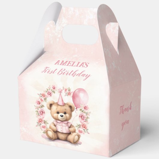 1e Verjaardag Roze Rozen Schattige Beer Grote Gabl Bedankdoosjes (Achterkant)