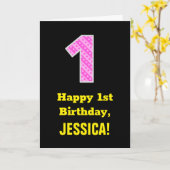 1e verjaardag: Roze strips en hart "1" + Naam Kaart (Gele Bloem)