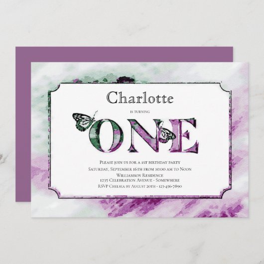 1e verjaardag Rustic Paars Groen Feestje Kaart (Voorkant / Achterkant)