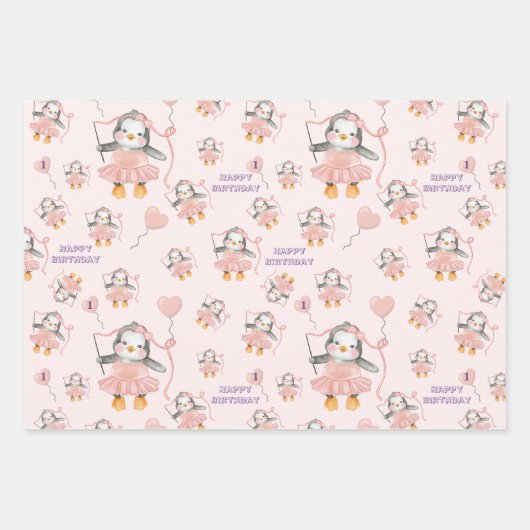 1e Verjaardag Schattige Ballerina Penguin Roze Inpakpapier Vel (Voorkant 2)