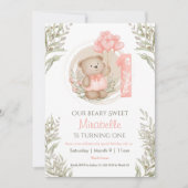 1e verjaardag schattige teddybeer perzik hart ball kaart (Voorkant)