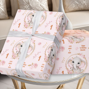 1e Verjaardag Schattigee Olifant Bloemen Roze Meis Cadeaupapier