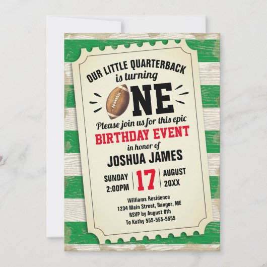 1e Verjaardag Sport Football Ticket Rustic Green Kaart (Voorkant)