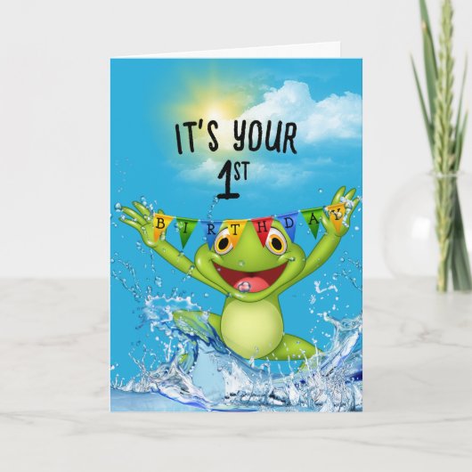 1e verjaardag springende kikker in water kaart (Voorkant)