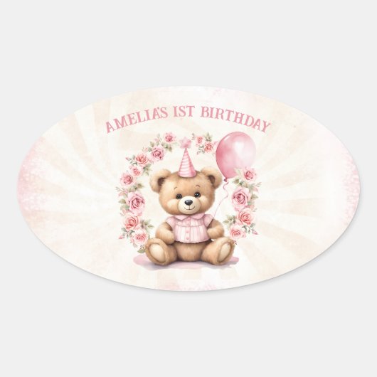 1e verjaardag Teddy Bear Meisje Roze Rozen Ovale Sticker (Voorkant)