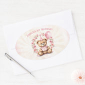 1e verjaardag Teddy Bear Meisje Roze Rozen Ovale Sticker (Envelop)
