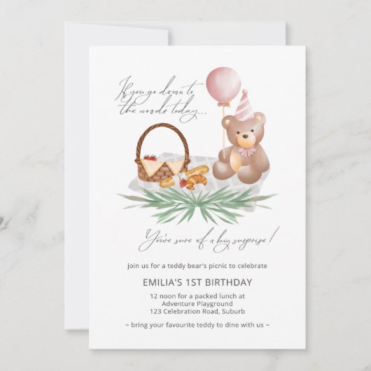 1e verjaardag Teddy Bear Picnic Pink Check Kaart (Voorkant)