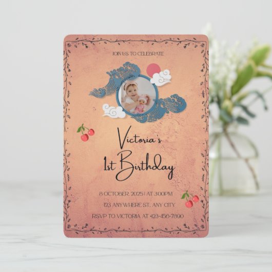 1e verjaardag uitnodiging | Cherry Theme Baby Part (Staand voorkant)