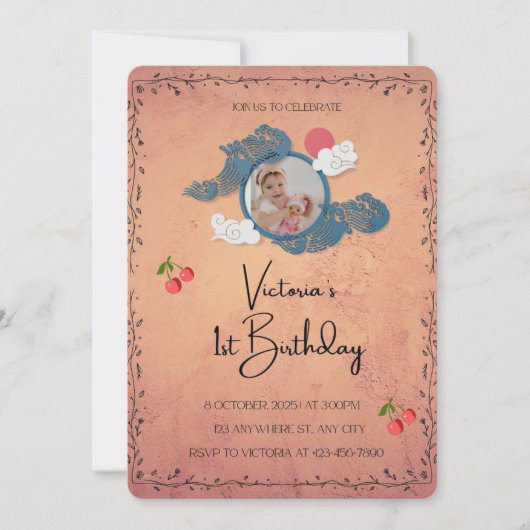 1e verjaardag uitnodiging | Cherry Theme Baby Part (Voorkant)