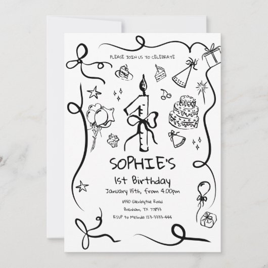 1e verjaardag uitnodiging, hand getrokken 1e verja kaart (Voorkant)