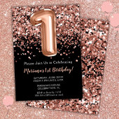 1e verjaardag Uitnodiging zwart Roos Gold Glitter