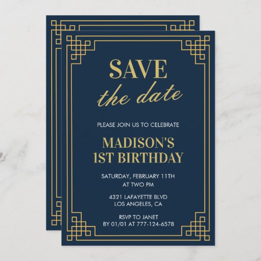 1e verjaardag uitnodigingen Meisje Save the date N (Voorkant / Achterkant)