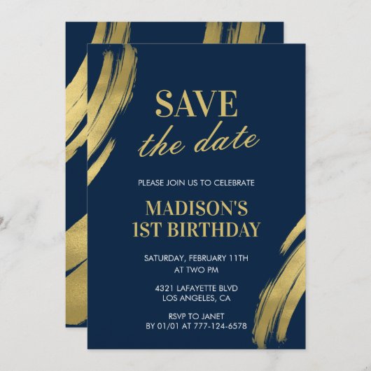 1e verjaardag uitnodigingen Save the date Navy Gol (Voorkant / Achterkant)