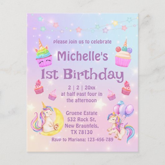 1e verjaardag : unicorns cupcakes girly uitnodigin (Voorkant)