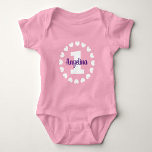 1e verjaardag van baby meisje met naam roze body romper