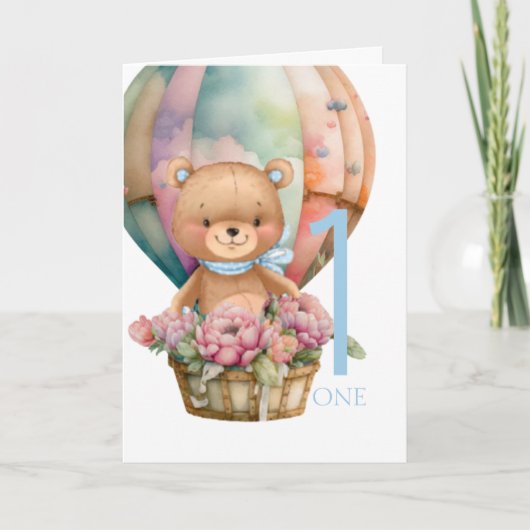 1e verjaardag van Teddy Bear-ballon Kaart (Voorkant)
