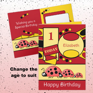 1e verjaardag voeg naam toe ladybugs rood geel kaart