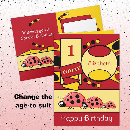 1e verjaardag voeg naam toe ladybugs rood geel kaart