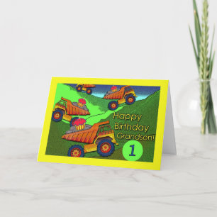 1e verjaardag voor kleinzoon, dumptrucks, cupcakes kaart