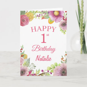 1e verjaardag Waterverf Floral Flowers Roze kaart