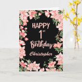 1e verjaardag Waterverf roze bleekzwart Kaart (Gele Bloem)