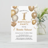 1e verjaardag Witte en gouden ballonnen Kaart (Staand voorkant)