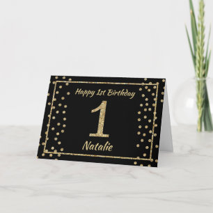 1e verjaardag Zwart en Goud Glitter Confetti Kaart