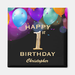 1e verjaardag Zwarte en gouden ballonnen Magneet