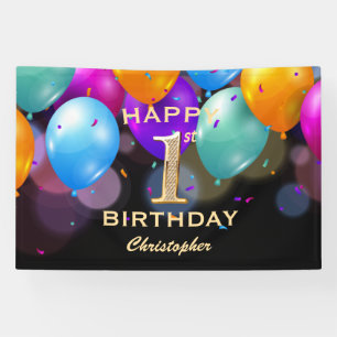 1e verjaardag Zwarte en gouden ballonnen Spandoek