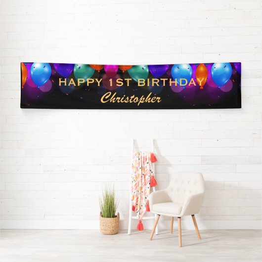 1e verjaardag Zwarte en gouden ballonnen Spandoek (Insitu)