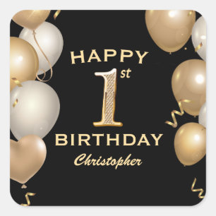 1e verjaardag Zwarte en gouden ballonnen Vierkante Sticker