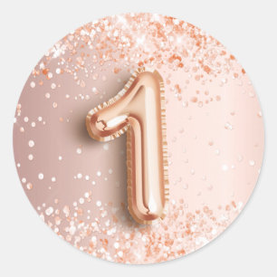 1e verjaardagsfeest blush roos goud ronde sticker