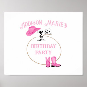 1e Verjaardagsfeest Roze en Witte Rodeo Cowgirl Poster