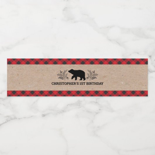 1e verjaardagsfeestje Buffalo Plaid Lumberjack Waterfles Etiket (Enkel label)