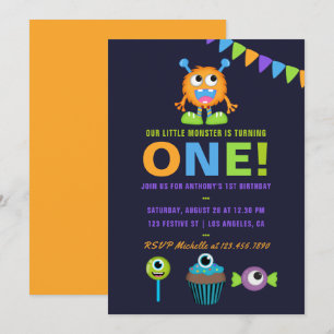 1e verjaardagsfeestje kleine monsterjongen uitnodi kaart