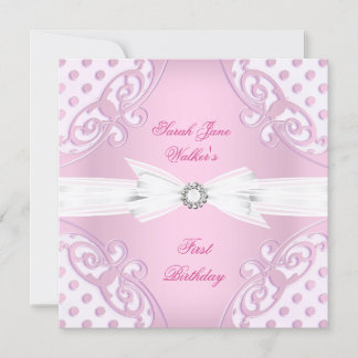 1e verjaardagsfeestje meisje roze witte polka stip kaart