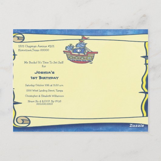 1e verjaardagsfeestje piraten thema briefkaart (Achterkant)