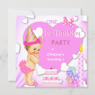 1e verjaardagsfeestje roze blonde baby meisje kaart