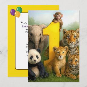 1e verjaardagsfeestje wilde dierenbaby's kaart