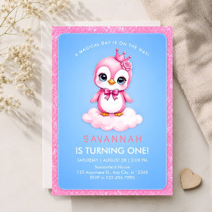 1e verjaardagsuitnodiging meisje pinguïn prinses kaart