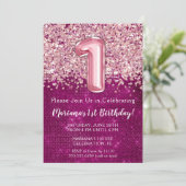 1e verjaardagsuitnodiging meisjesachtig magenta ro kaart (Staand voorkant)