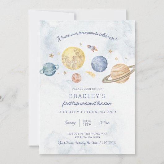 1e verjaardagsuitnodiging voor de reis rond de zon kaart (Voorkant)