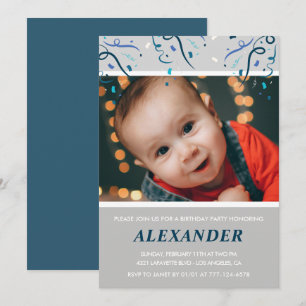 1e verjaardagsuitnodigingen Jongen Confetti Foto N Kaart