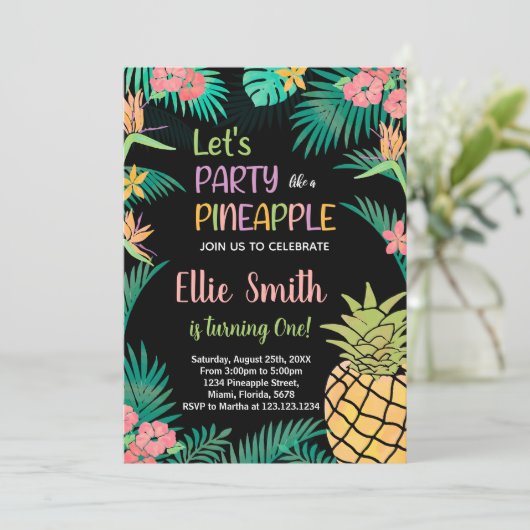 1e Zwart Sinaasappel Groene Ananas Uitnodigingen (Staand voorkant)