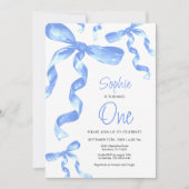 1er anniversaire Bleu Bow Invitation (Devant)