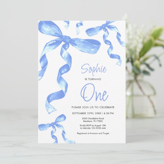 1er anniversaire Bleu Bow Invitation (Debout devant)